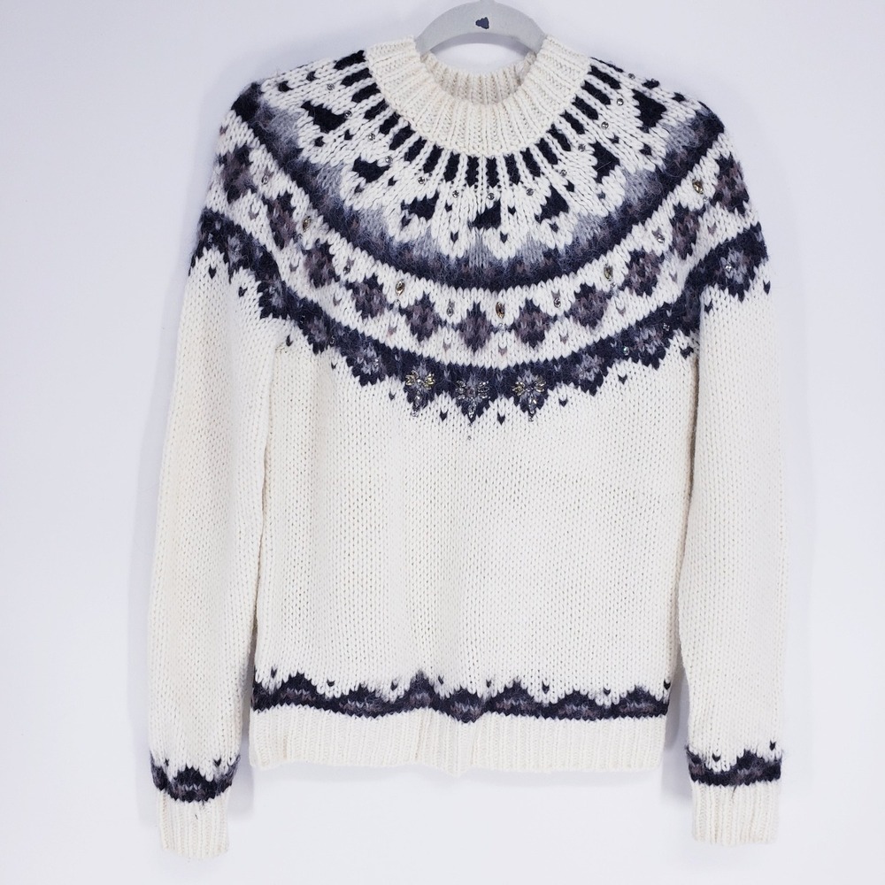 LOFT Embellished Fair Isle Nordic Sweater Women Size S Cream Black Wool Alpaca